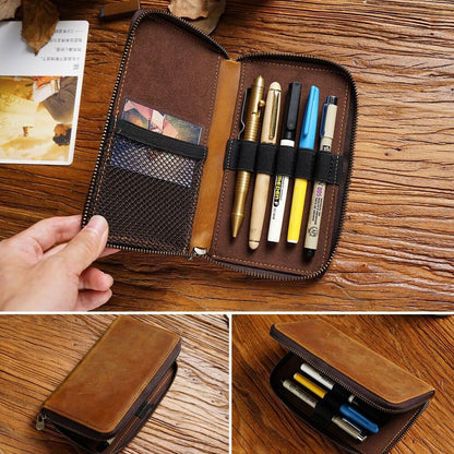 Cowhide Handmade Leather Fountain Pen Case, Pencil Case Stationery Storage Bag