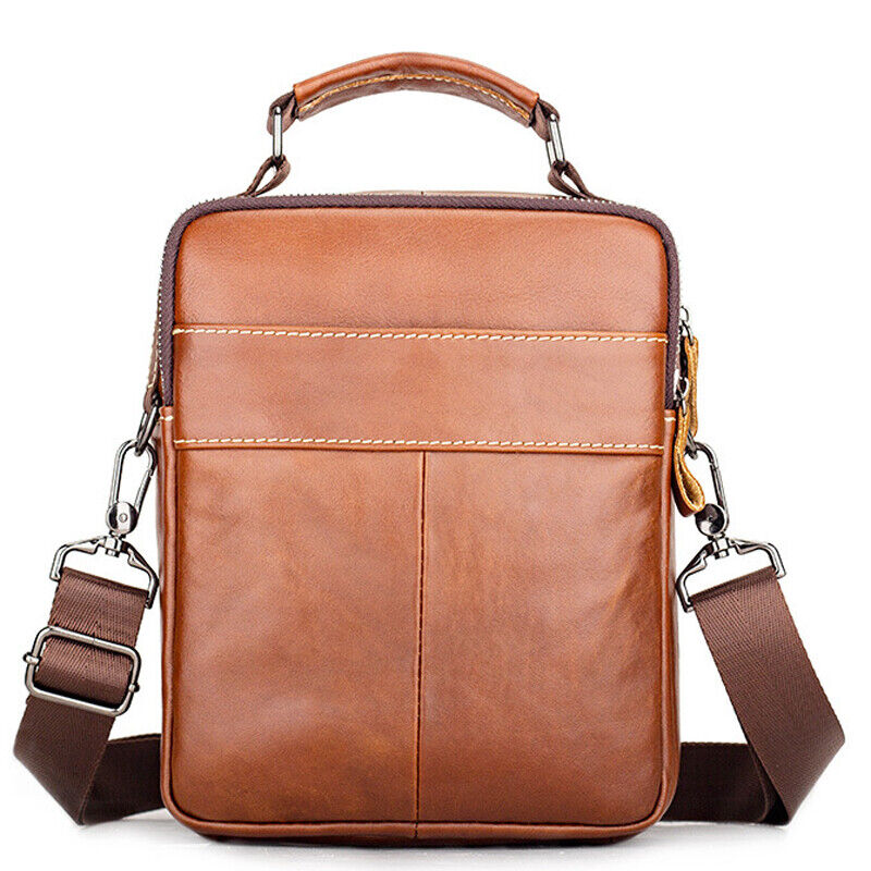 100% Genuine Leather Men's Sling Shoulder/Messenger Bag Double Zipper 8" Handbag