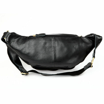 Cross-body Bag Cowhide Leather Black Fanny Pack Durable Men waist Bag Running
