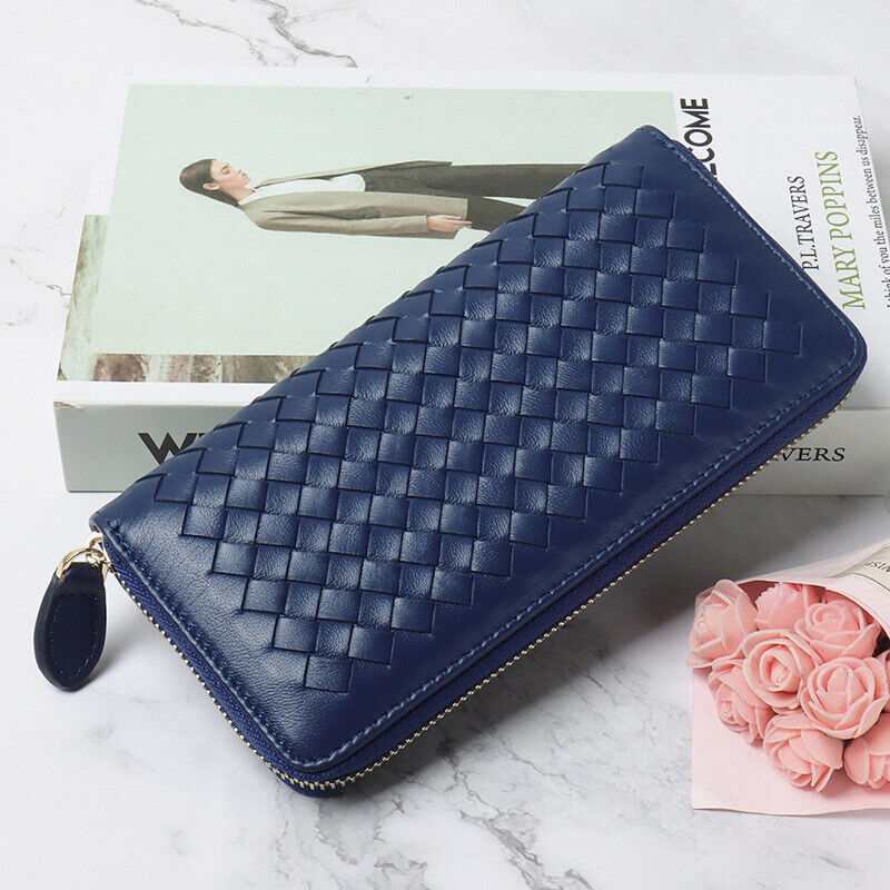 Real Leather Women's Long Wallet, Desinger Weaving Clutch Bag Zipper Card Holder