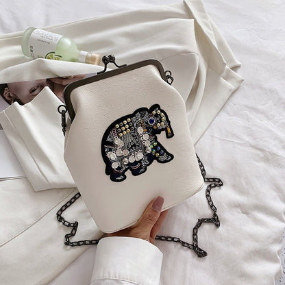 Vintage Shell Lock Embroidery Bags Synthetic Leather Chain Shoulder Purses Blue