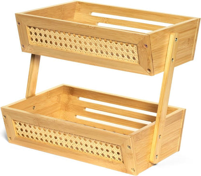 Wooden Rattan Fruit Basket for Kitchen Counter Bamboo 2-Tier Vegetable Storage