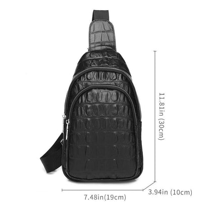 Black Real Leather Sling Backpack, Men's Crossbody Chest Bag Crocodile Print