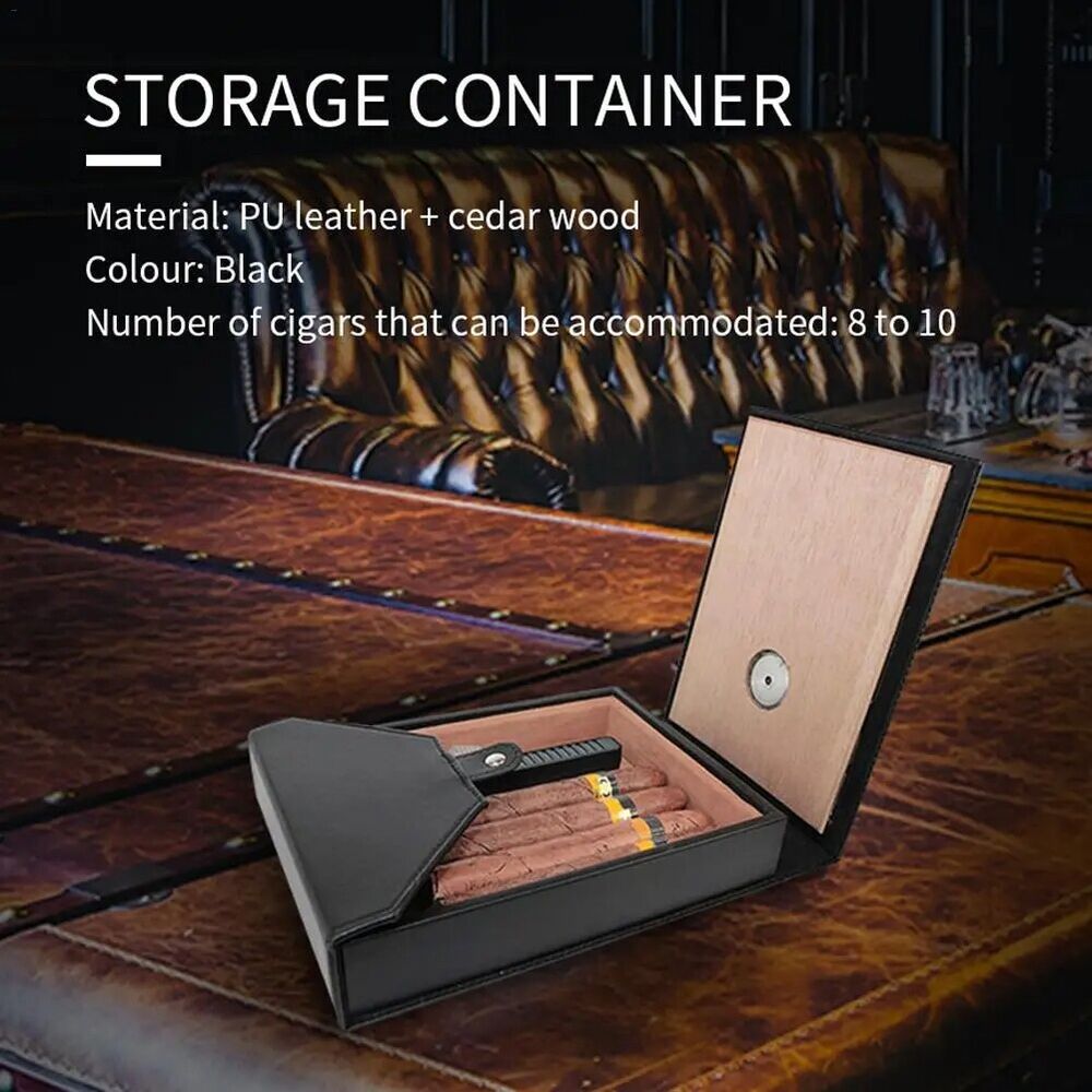 Wooden Cigar Humidor Box PU Leather Cedar Wood Travel Storage Case 22x16.5x4.5cm