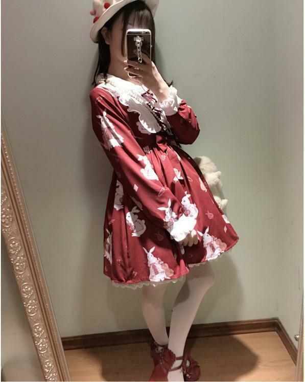 Girl's Lolita Dress Vintage Rabbit Musical Instrument Print Long Sleeves Dress