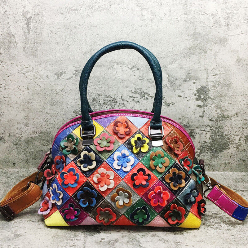 Designer Cow Leather Colorful Floral Patchwork Handbag Women's Tote Shoulder Bag
