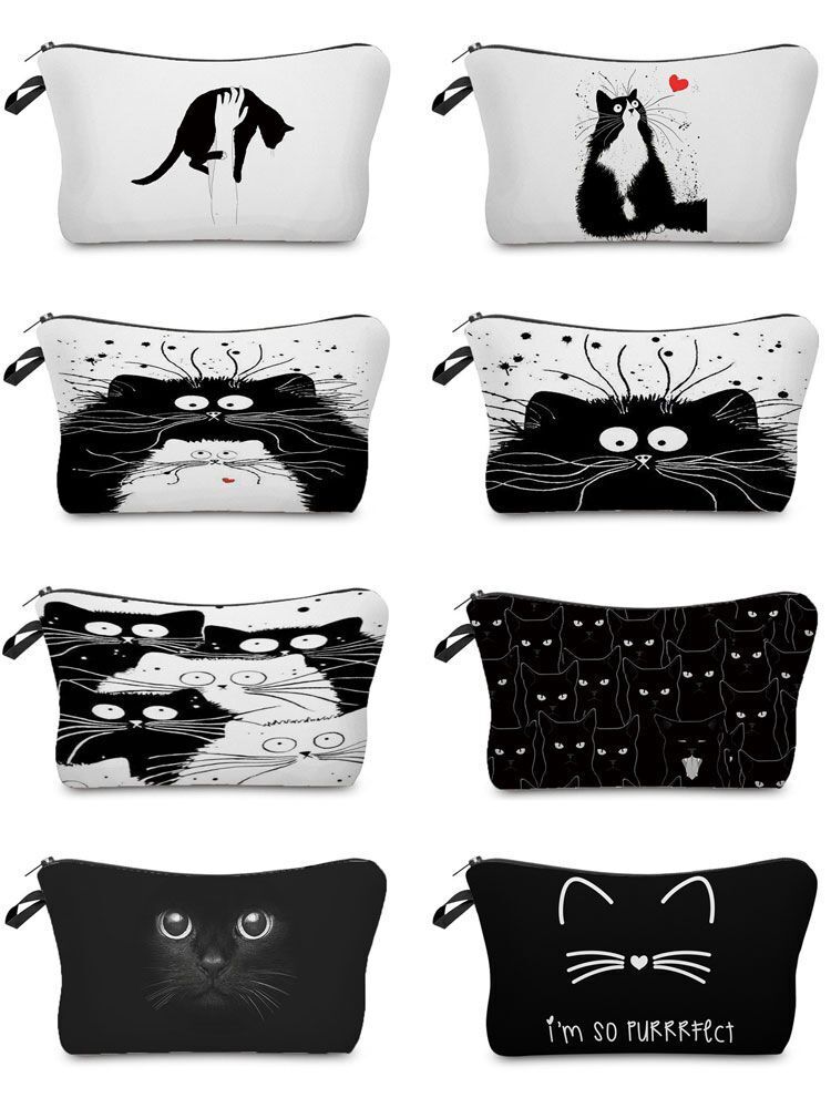 Makeup Bag Travel Storage Purse Mini Toiletry Bags Black Cat Print Cosmetic Case