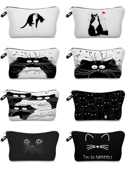 Makeup Bag Travel Storage Purse Mini Toiletry Bags Black Cat Print Cosmetic Case
