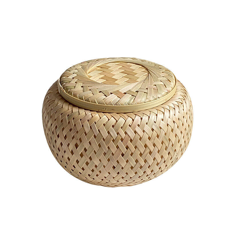 Bamboo Storage Basket with Cover Handmade Tea Woven Basket Tabletop Storage Box