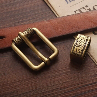 Men Belt Buckle Pin 2Pcs DIY Vintage Brass Carved Pattern Leather Craft Part 2cm
