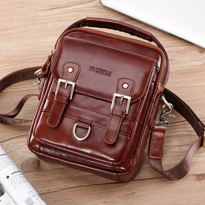 100% Genuine Leather Men's Sling Shoulder/Messenger Bag Double Zipper 8" Handbag
