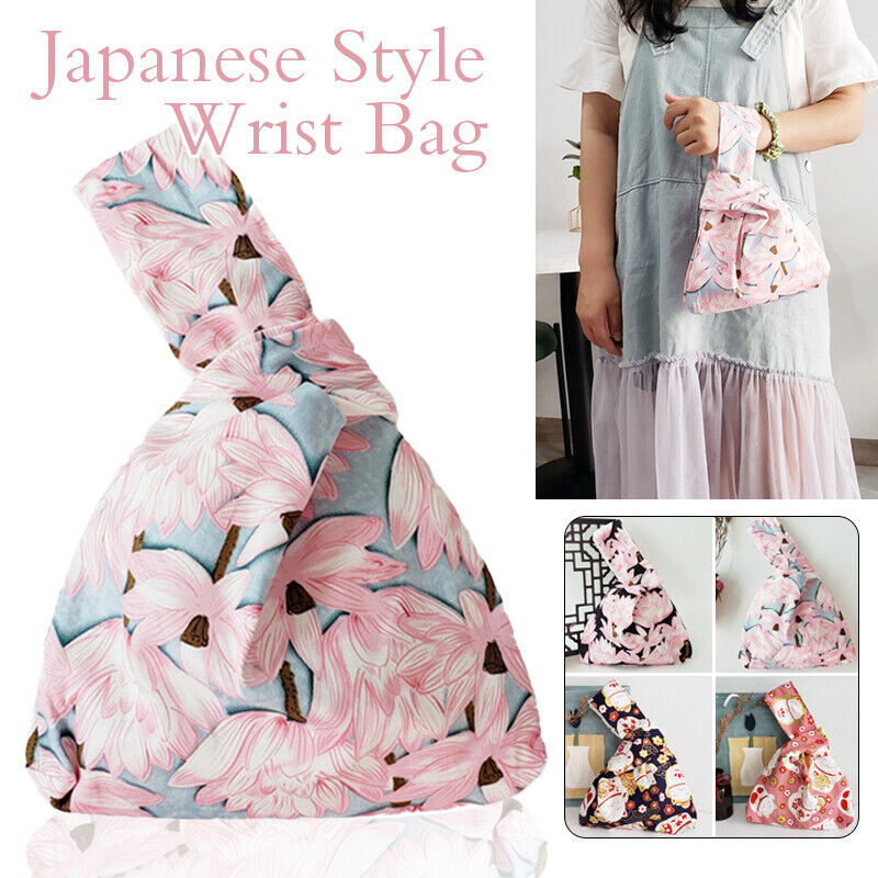 Japanese Flower Pattern Knotted Wrist Bag Phone Bag Canvas Tote Purse Key Pouch