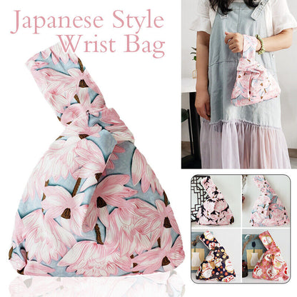 Japanese Flower Pattern Knotted Wrist Bag Phone Bag Canvas Tote Purse Key Pouch