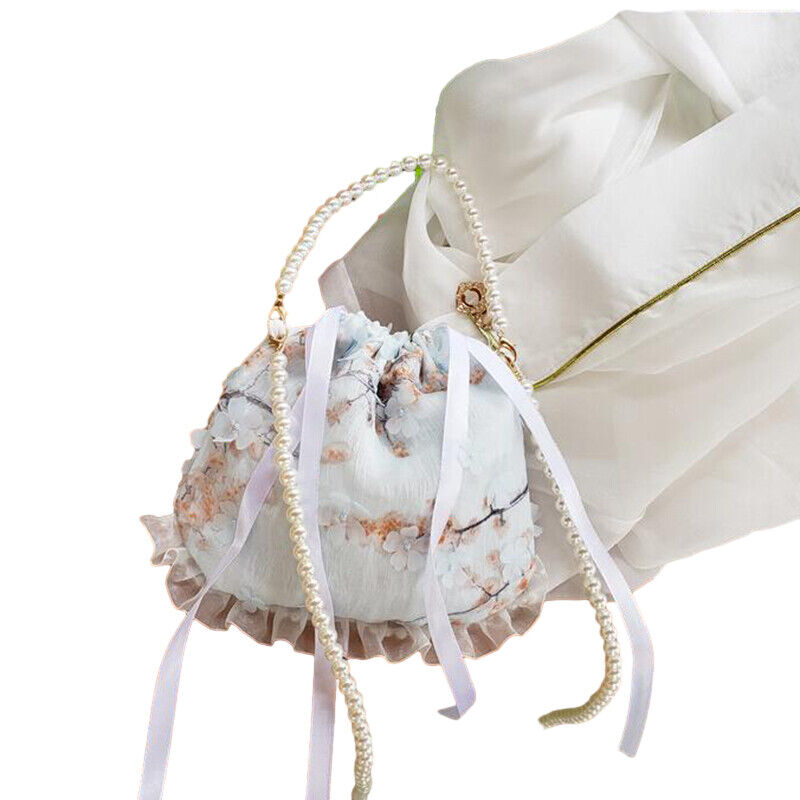 Chinese Hanfu Pearl Purse Tote Bag Ruffle Lace Embroidery Wallet Handbag Gift