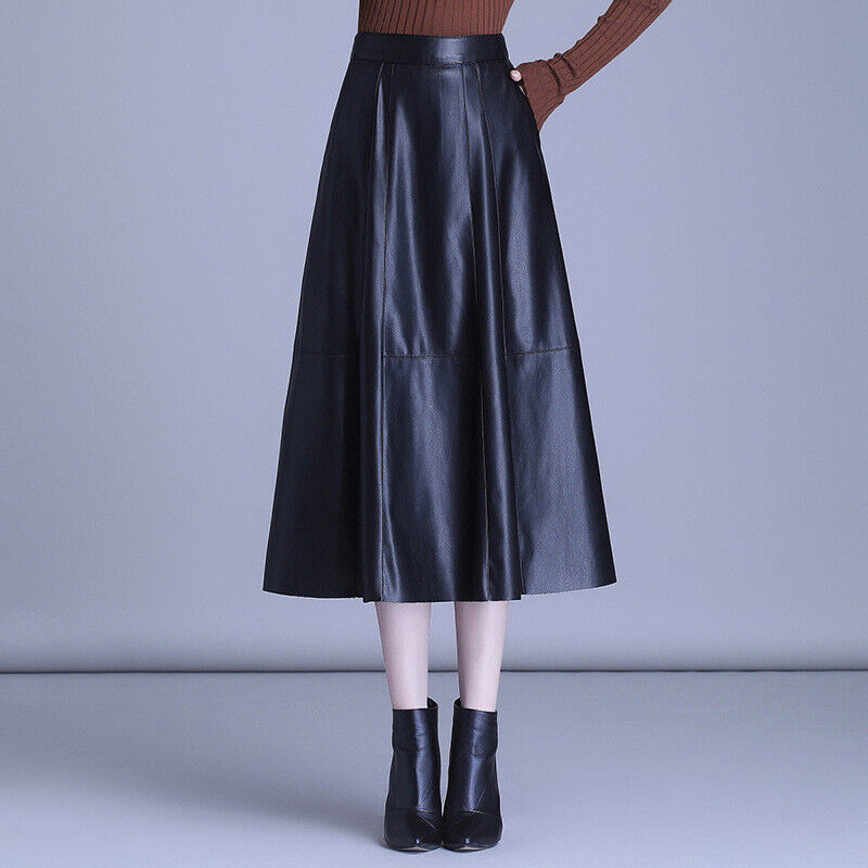 Leather Skirt Women's Skirt Medium Long Pleated Skirt High Waist Sheepskin Skirt