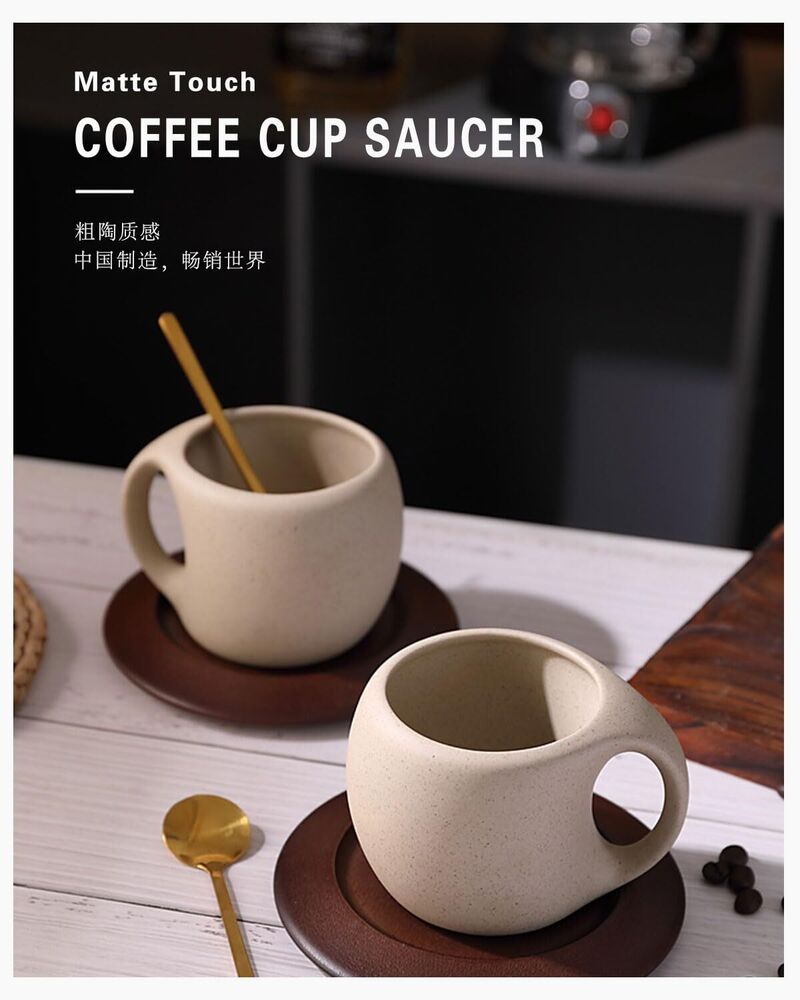 Retro Cappuccino Mug Set Ceramic Espresso Cup with a Wooden Coaster Kitchen Gift