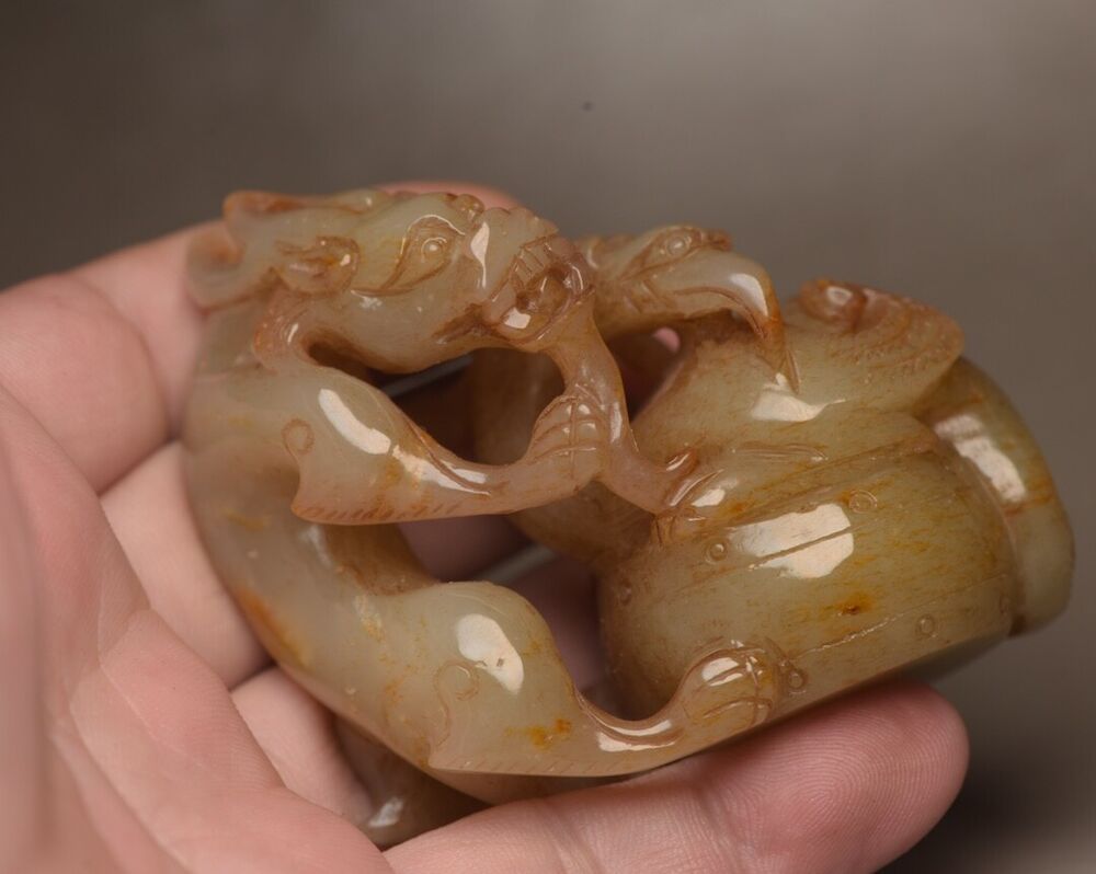 Chinese Antique Natural Hetian Jade Carved Dragon Phoenix 龙凤呈祥 Statue Figurines