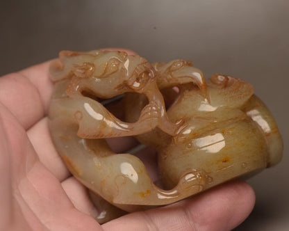 Chinese Antique Natural Hetian Jade Carved Dragon Phoenix 龙凤呈祥 Statue Figurines
