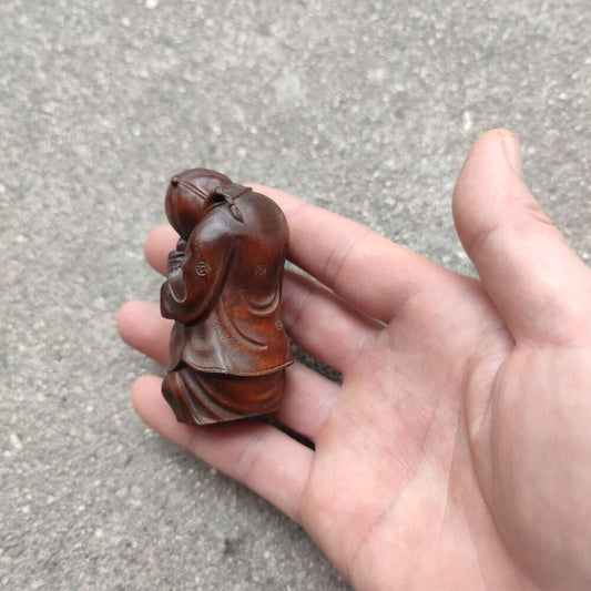 Vintage Wooden Ornaments Boxwood Carving Wealth Mammon Rich Man Statue sculpture