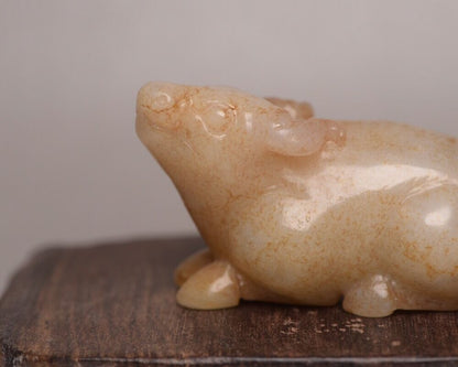 Chinese Natural Hetian Jade Carved Ox Statue Nice Figurines Collection Art Work