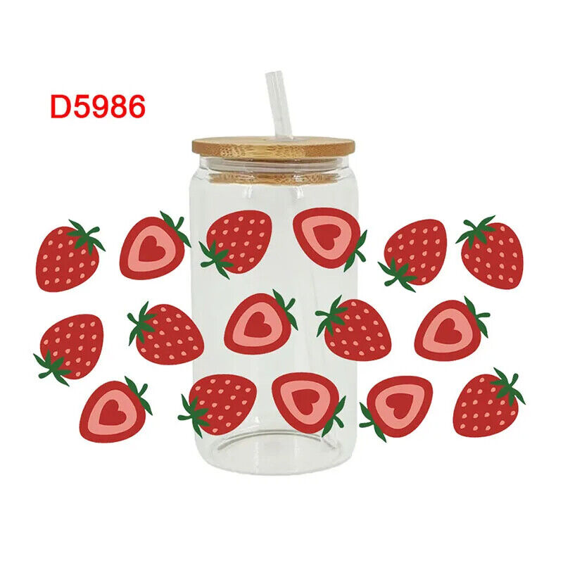 Transfers Stickers 16oz Cup Wraps 3D UV DTF Strawberry Printed DIY Decal 23x11cm