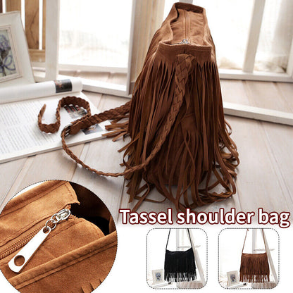 Tassel Crossbody Shoulder Bag Outdoor Travel Bag Suede Fabric Leather Women