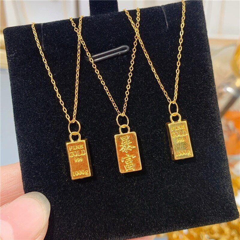 Real 24k Pure 999 Gold Pendant Necklace Luxury Gold Bricks Design Pure Chain