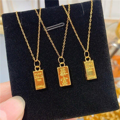 Real 24k Pure 999 Gold Pendant Necklace Luxury Gold Bricks Design Pure Chain