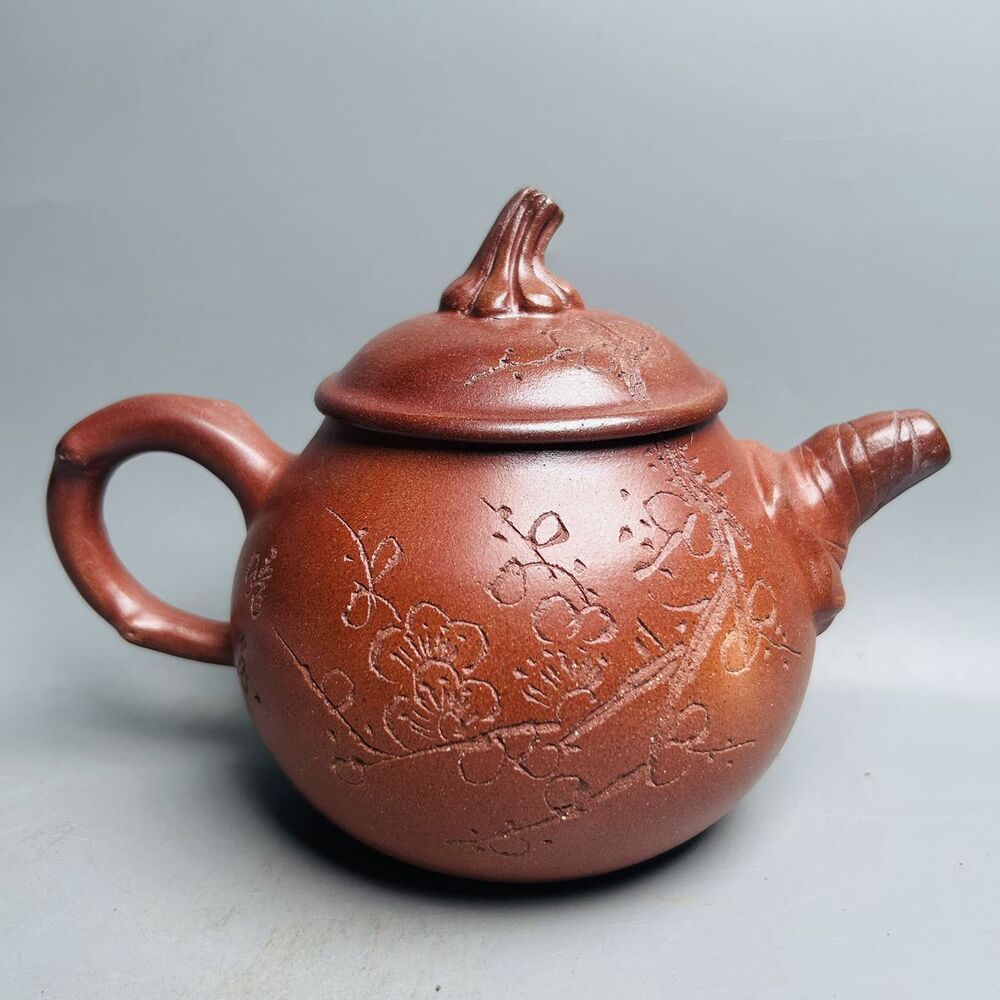 Vintage Chinese Yixing Purple Clay Teapot Zisha Ceramic Carving Plum Blossom Art