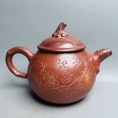 Vintage Chinese Yixing Purple Clay Teapot Zisha Ceramic Carving Plum Blossom Art