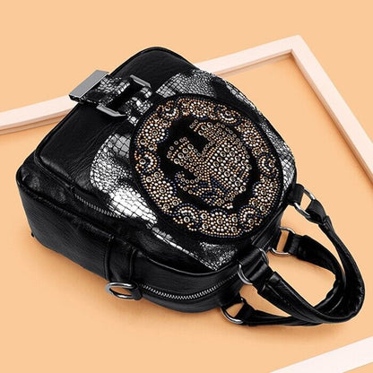 Women's Leather Black Backpack, New Desinger Embroidery Stamping Shoulder Bags
