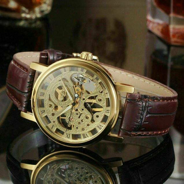 Men's Watches Skeleton Mechanical Hand Wind Watch Leather Strap Fathers Gift Son