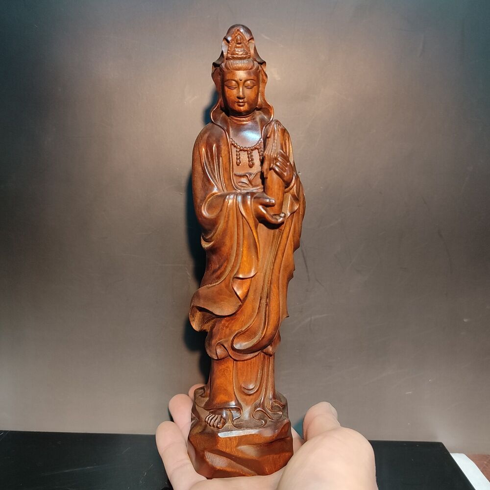 8" Wooden Chinese Quan Kwan-Yin Statues Praying Buddha Wall Decor Avalokitesvara