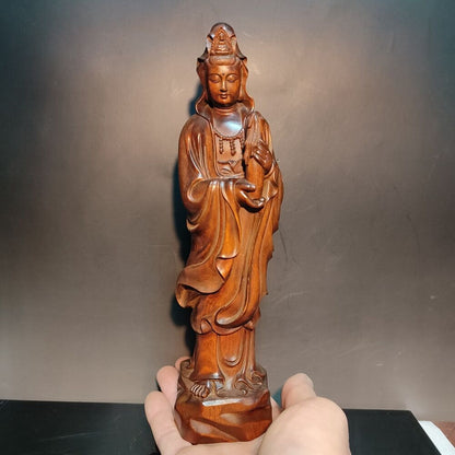 8" Wooden Chinese Quan Kwan-Yin Statues Praying Buddha Wall Decor Avalokitesvara