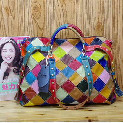 Genuine Cowhide Leather Colorful Blocks Patchwork Handbag Women's Tote Crossbody