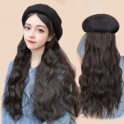 Women's Beret Wig Synthetic Long Wave Curly Hat Wig Hat One-piece Wig Keeps Warm