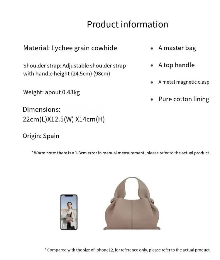 Cloud Bags Women Genuine Leather Cowhide Simple Dumpling Shape Shoulder Handbag