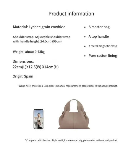 Cloud Bags Women Genuine Leather Cowhide Simple Dumpling Shape Shoulder Handbag
