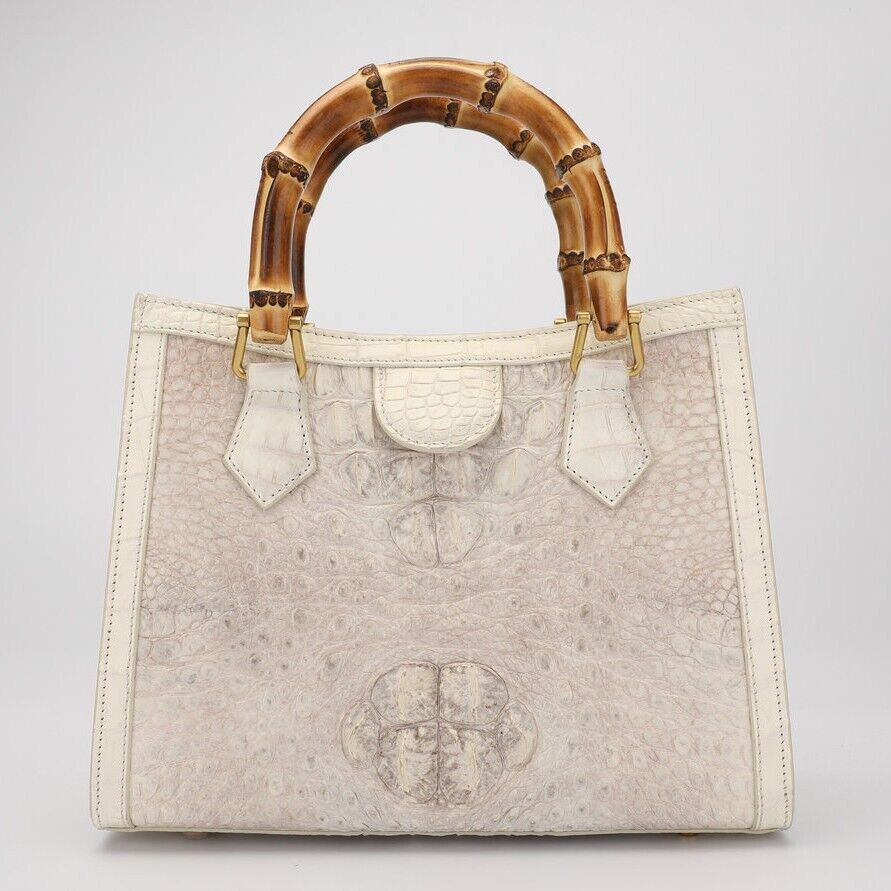 Handcrafted White CrocodileSkin Leather Handbag, Luxury Bamboo Bag for Women