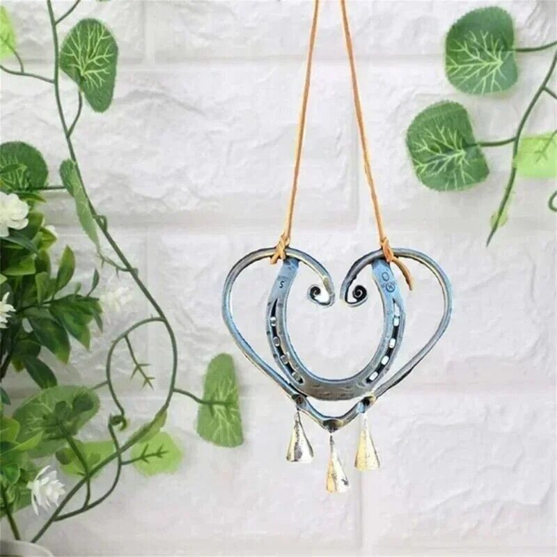 Wind Chimes Meta Horseshoe Heart Bell Steel Studs Home Decor Pendant 9.84x7.87in