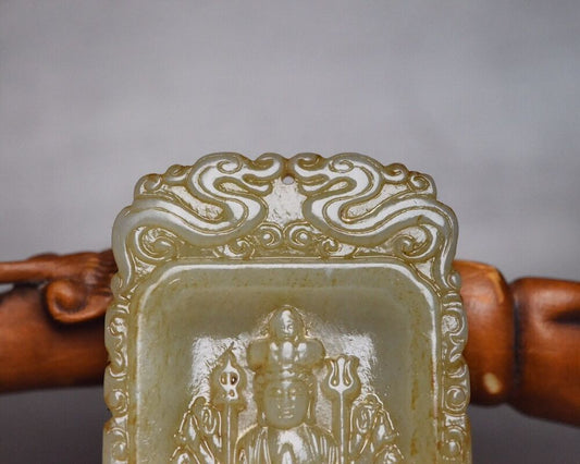 Chinese Antique Natural Hetian Jade Carving Kwan Yin Statue Lucky Jade Pendant