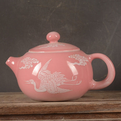 Jingdezhen Porcelain Peach Blossom White Crane Piercing Cloud Holding Pot Teapot