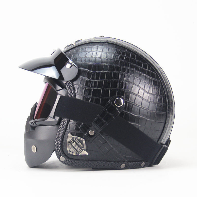DOT Men Leather Motorcycle Half Face Helmet Goggles Mask Detachable Biker Pilot