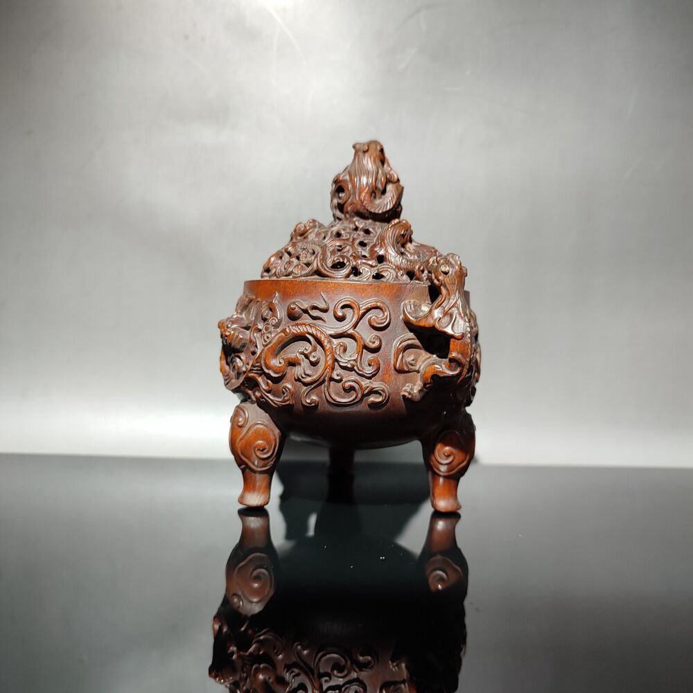 vintage Boxwood Chinese Brown Tripod Censer buddha incense holder dragon statue