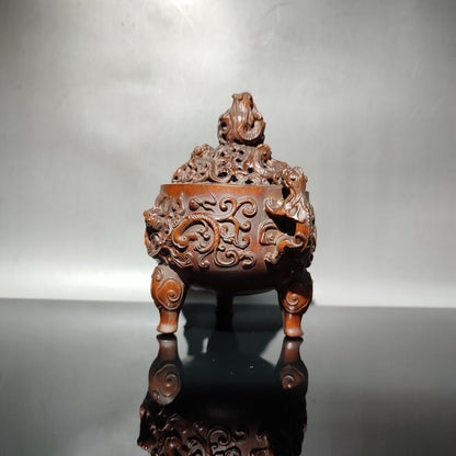 vintage Boxwood Chinese Brown Tripod Censer buddha incense holder dragon statue
