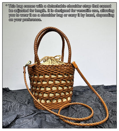 Small Woven Real Leather Drawstring Basket Bag Tote Bucket Beach Shoulder Bag