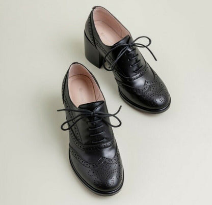 Womens Lace Up Round Toe Pumps Brogue Wing Tip Oxford College Style Casual Shoes