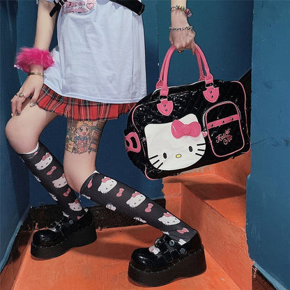 Black Hello Kitty PVC Shiny Stitched Bow Handbag Cute girl Duffle Bag Suitcase