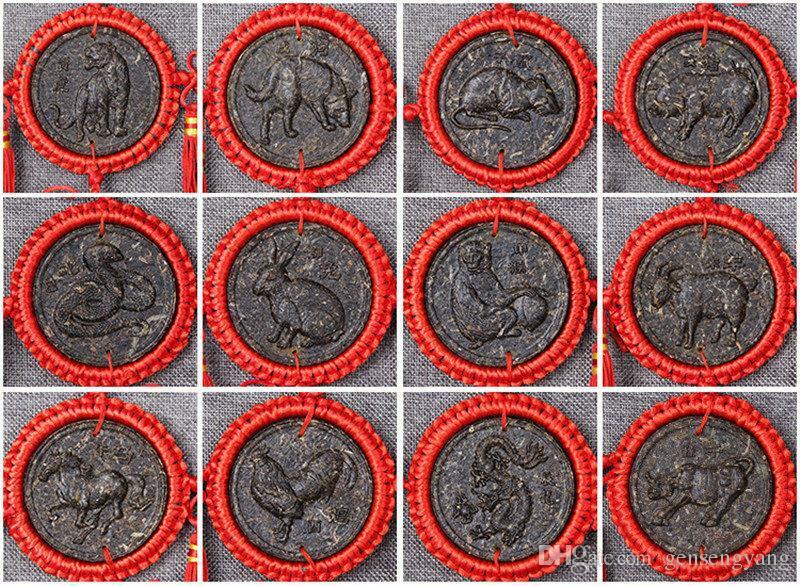 12 Pcs Organic China Yunnan Ripe Puerh Tea Zodiac Craft Pendant Decorative Gifts