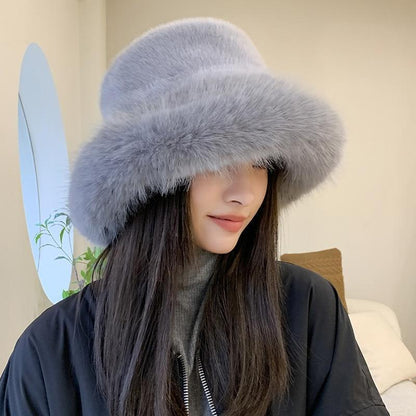 Womens Real Rabbit/Rex Fur Hat Bowler Hat Warm Beanie W Fox Fur Brim